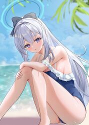 Rule 34 | 1girl, bare legs, bare shoulders, beach, blue archive, blue one-piece swimsuit, blue ribbon, blue sky, blurry, breasts, cloud, cloudy sky, collarbone, feet out of frame, frills, grey hair, hair between eyes, hair ribbon, highres, hugging own legs, jim199909, large breasts, light blush, long hair, looking at viewer, miyako (blue archive), miyako (swimsuit) (blue archive), ocean, one-piece swimsuit, open mouth, palm tree, ponytail, purple eyes, ribbon, sidelocks, sitting, sky, spaghetti strap, swimsuit, tree, wet