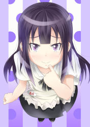 Rule 34 | 1girl, apron, bad id, bad pixiv id, badge, collarbone, face, from above, long hair, looking at viewer, miro (mmmyyyy), purple eyes, purple hair, shoes, short sleeves, skirt, smile, solo, standing, tsurime, waitress, working!!, yamada aoi