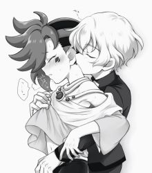 Rule 34 | 2boys, blush, closed eyes, clothes lift, facial mark, greyscale, holding hands, hug, hug from behind, jewelry, kiss, kissing neck, male focus, mauro abelard, monochrome, multicolored hair, multiple boys, navel, necklace, open mouth, riku son, shadowverse, shadowverse (anime), shirt lift, spiked hair, sweat, tunic, two-tone hair, yaoi, yonazuki luca