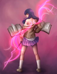 Rule 34 | 1girl, book, cardigan, electricity, highres, long hair, looking back, my little pony, my little pony: friendship is magic, ninjaham, off shoulder, personification, pleated skirt, purple eyes, purple hair, purple skirt, skirt, socks, solo, tattoo, twilight sparkle, wand