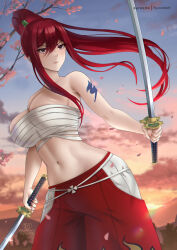 Rule 34 | 1girl, arm tattoo, breasts, brown eyes, closed mouth, dual wielding, erza scarlet, fairy tail, falling petals, floating hair, gradient sky, high ponytail, highres, holding, holding sword, holding weapon, katana, large breasts, long hair, midriff, navel, pants, petals, red hair, red pants, ryuuneart, sarashi, sky, solo, stomach, sword, tattoo, weapon