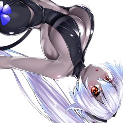 Rule 34 | 1girl, absurdres, backless outfit, bare shoulders, black hairband, black leotard, blush, breasts, center opening, cosplay, dark skin, dark-skinned female, fate/grand order, fate/prototype, fate/prototype: fragments of blue and silver, fate (series), hairband, hassan of serenity (fate), hassan of serenity (fate) (cosplay), highres, large breasts, leotard, long hair, looking at viewer, open mouth, ponytail, red eyes, silver hair, simple background, solo, tomoe gozen (fate), upside-down, watosu (watosu mama), white background