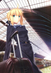 Rule 34 | 1girl, absurdres, ahoge, artbook, artoria pendragon (all), artoria pendragon (fate), belt, black belt, black jacket, blonde hair, blue bow, blue bowtie, bow, bowtie, braid, building, buttons, collared shirt, fate/stay night, fate (series), french braid, green eyes, hair bow, highres, jacket, long sleeves, official art, plaid, plaid bow, plaid bowtie, saber (fate), scan, shirt, sidelocks, smile, solo, suitcase, takeuchi takashi, train, train station, type-moon