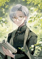 Rule 34 | 1boy, :d, chinese clothes, glasses, grin, hanfu, highres, long sleeves, looking at viewer, male focus, nauxii, open mouth, outdoors, parted lips, short hair, smile, solo, tears of themis, teeth, upper body, vyn richter (tears of themis), white hair, yellow eyes