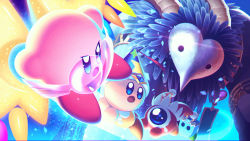 Rule 34 | 5health, absurdres, armband, black fur, blue eyes, bomber (kirby), feathers, flying, frown, helmet, highres, horns, kirby, kirby: star allies, kirby (series), mask, nintendo, one-eyed, open mouth, tears, tongue, void termina, waddle doo, wings