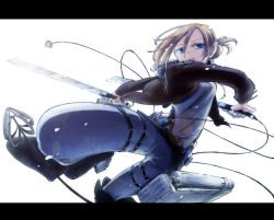 Rule 34 | 1girl, action, annie leonhart, bad id, bad pixiv id, blade, blonde hair, blue eyes, boots, colored eyelashes, dcba, denim, dual wielding, grapnel, hair between eyes, hair up, holding, jacket, jeans, jumping, letterboxed, pants, shingeki no kyojin, short hair, solo, sword, thigh strap, three-dimensional maneuver gear, uniform, weapon, white background