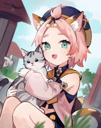 Rule 34 | 1girl, absurdres, animal ear fluff, animal ears, aqua eyes, bare legs, card, cat ears, cat girl, cat tail, commentary, day, detached sleeves, diona (genshin impact), dutch angle, fang, genshin impact, highres, holding, holding card, open mouth, outdoors, pink hair, pink sleeves, purple headwear, rippajun, short hair, sitting, skin fang, smile, solo, symbol-only commentary, tail