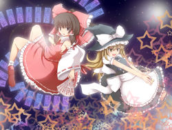 Rule 34 | 2girls, absurdres, blonde hair, bow, braid, brown hair, detached sleeves, female focus, flying, hakurei reimu, hat, highres, japanese clothes, kirisame marisa, lens flare, long hair, miko, multiple girls, natsume riu, night, night sky, ofuda, open mouth, short hair, sky, star (symbol), talisman, touhou, upskirt, v arms, witch, witch hat, yellow eyes