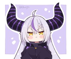 Rule 34 | 1girl, :t, ahoge, black horns, blush stickers, braid, braided bangs, chibi, commentary, demon girl, english commentary, hololive, horns, kukie-nyan, la+ darknesss, long hair, multicolored hair, pout, purple hair, purple horns, sleeves past fingers, sleeves past wrists, slit pupils, streaked hair, striped horns, twitter username, upper body, v-shaped eyebrows, virtual youtuber, yellow eyes