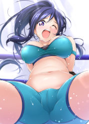 Rule 34 | 1girl, ;o, blue eyes, blue hair, blue shorts, breasts, cameltoe, cowboy shot, from below, highres, kirisaki reina, large breasts, long hair, looking at viewer, love live!, love live! sunshine!!, matsuura kanan, midriff, navel, one eye closed, open mouth, ponytail, shorts, solo, spread legs, strapless, sweat, tube top