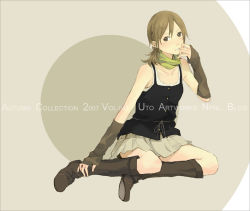 Rule 34 | boots, camisole, grey background, hand to own mouth, neck warmer, original, sitting, skirt, solo, tagme, yoshito