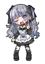 Rule 34 | 1girl, ankle socks, apron, bandaged fingers, bandages, bandaid, bandaid on leg, belt, belt collar, black belt, black bow, black collar, black dress, black footwear, black nails, black sleeves, blunt bangs, blush stickers, bow, buckle, character request, clenched hand, collar, commentary request, dress, eyelashes, frilled apron, frills, full body, grey eyes, grey hair, grey socks, hair bow, heart, heart-shaped buckle, highres, lace, lace-trimmed bow, lace-trimmed dress, lace trim, long hair, long sleeves, looking at viewer, loose hair strand, mary janes, menhera ga aisai apron ni kigaetara, multiple belts, nail polish, o-ring, o-ring belt, one eye closed, open mouth, pocket, pointing, pointing at self, puffy long sleeves, puffy sleeves, purple bow, shoes, short dress, simple background, smile, socks, solo, spade (shape), straight-on, studded belt, studded collar, terada tera, thigh belt, thigh strap, two side up, wavy hair, white apron, white background