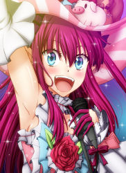 Rule 34 | 10s, 1girl, arm up, armpits, blue eyes, elizabeth bathory (fate), elizabeth bathory (fate/extra ccc), elizabeth bathory (third ascension) (fate), fate/extra, fate/extra ccc, fate/grand order, fate (series), hasebe akira, hat, long hair, looking at viewer, microphone, pointy ears, purple hair, solo, striped clothes, striped headwear, teeth, vertical-striped clothes, vertical-striped headwear