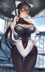 Rule 34 | 1girl, animal ears, azur lane, black hair, bodystocking, breasts, cleavage, cleavage cutout, clothing cutout, cowboy shot, dog ears, extra ears, hair ears, hair flaps, hand on own hip, highres, holding, holding umbrella, large breasts, leotard, multicolored leotard, pantyhose, ponytail, race queen, shounen (hogehoge), solo, takao (azur lane), takao (full throttle charmer) (azur lane), two-tone leotard, umbrella, unitard, yellow eyes