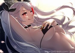 Rule 34 | 1girl, :q, armpits, azur lane, bikini, black ribbon, breasts, flag print, german flag bikini, go-it, hair ribbon, hand on own chest, long hair, looking at viewer, medium breasts, mole, mole on breast, navel, patreon username, prinz eugen (azur lane), prinz eugen (unfading smile) (azur lane), red eyes, ribbon, silver hair, solo, swimsuit, tongue, tongue out, twintails, two side up, watermark, web address