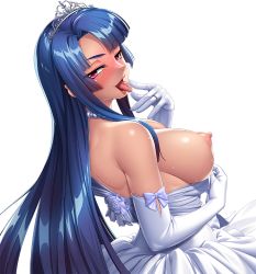 1girl bare_shoulders blue_hair blush breasts bride cleavage covered_erect_nipples curvy dress elbow_gloves female_focus finger_to_tongue gloves happy jewelry kagami_hirotaka large_breasts licking licking_finger lilith-soft long_hair looking_at_viewer looking_back makeup naughty_face necklace nipples puffy_nipples red_eyes ring saliva shiny_skin simple_background smile solo standing sweat taimanin_(series) taimanin_asagi taimanin_asagi_kessen_arena third-party_edit tiara tongue tongue_out wedding_band wedding_dress white_background white_gloves yatsu_murasaki