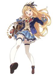 Rule 34 | 1girl, bag, blonde hair, blue jacket, book, cagliostro (granblue fantasy), cagliostro (youthful uniform) (granblue fantasy), dot nose, female focus, finger to cheek, full body, granblue fantasy, grimoire, hairband, highres, jacket, kanzaki hiro, long hair, looking at viewer, plaid, plaid skirt, school bag, simple background, skirt, solo, star (symbol), thighhighs, white background