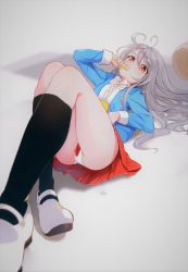 Rule 34 | 1girl, :t, ahoge, black socks, blue jacket, blush, bow, bowtie, center frills, closed mouth, fingernails, food, food in mouth, frills, grey background, hair between eyes, highres, holding, holding food, jacket, kneehighs, long hair, long sleeves, looking at viewer, lumo 1121, lying, mary janes, on back, open clothes, open jacket, original, panties, pleated skirt, polka dot neckwear, red eyes, red sky, shirt, shoes, silver hair, skirt, sky, socks, solo, underwear, white bow, white bowtie, white footwear, white panties, white shirt
