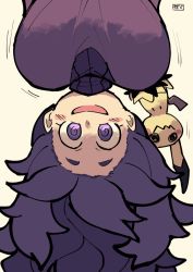 Rule 34 | 1girl, @ @, alternate breast size, blush, breasts, chichibu (watson), creatures (company), game freak, gen 7 pokemon, giggling, hex maniac (pokemon), large breasts, long hair, looking at viewer, messy hair, mimikyu, motion lines, nintendo, npc trainer, open mouth, pokemon, pokemon (creature), pokemon xy, purple eyes, purple hair, smile, sweater, upside-down