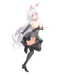 Rule 34 | 1girl, absurdres, animal ears, armpits, ass, bare shoulders, black choker, black dress, black footwear, black thighhighs, breasts, choker, cleavage, detached sleeves, dress, full body, garter straps, highres, keibeam, large breasts, leg up, long hair, long sleeves, looking at viewer, looking back, open mouth, original, rabbit ears, red eyes, shoes, simple background, solo, standing, standing on one leg, strapless, strapless dress, thighhighs, thighs, twisted torso, very long hair, white background, white hair