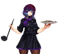 Rule 34 | 1girl, barbariank, black desert, blue eyes, blue hair, chef, cooking, earrings, facial mark, fish, food, jewelry, ladle, plate, purple eyes, purple hair, scarf, smile, solo, sorcerer (black desert), two-tone hair