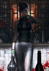 Rule 34 | 1girl, bag, bare arms, bare shoulders, black dress, black eyes, black gloves, black hair, blood, blood splatter, bottle, breasts, china dress, chinese clothes, cleavage, cleavage cutout, clothing cutout, commentary, covered mouth, dress, flower, gloves, guweiz, hand up, highres, holding, holding bag, knife, looking at viewer, medium breasts, neon lights, original, plastic bag, red flower, red rose, rose, round window, single glove, sleeveless, sleeveless dress, solo, swept bangs, symbol-only commentary, tile wall, tiles, trash bag, window