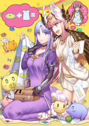 Rule 34 | 2girls, aunt and niece, blue eyes, blue hair, bracelet, braid, circe (fate), dress, fate/grand order, fate (series), feathered wings, head wings, jewelry, long hair, medea (fate), multiple girls, navel, needle, open mouth, pig, pink hair, pointy ears, purple dress, scissors, seiza, sheep, side braid, sitting, touyama sabu, very long hair, wings
