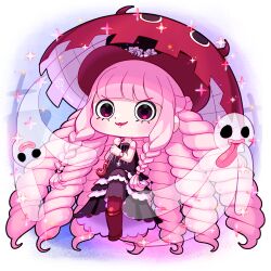 1girl black_dress black_hat chibi dress ghost hat highres holding holding_umbrella long_hair multiple_drills one_piece perona pink_eyes pink_hair red_lips red_umbrella solo umbrella user_vpux4444