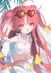 Rule 34 | 1girl, 596901449, :p, ahoge, arknights, arm up, bare shoulders, bikini, black-framed eyewear, brown-tinted eyewear, bug, butterfly, closed mouth, collarbone, commentary request, eyewear on head, flower, green eyes, hair flower, hair ornament, heart, heart-shaped eyewear, insect, long hair, myrtle (arknights), myrtle (summer flowers) (arknights), navel, official alternate costume, parted bangs, red flower, red hair, smile, solo, sunglasses, swimsuit, tinted eyewear, tongue, tongue out, two side up, very long hair, water, white background, white bikini