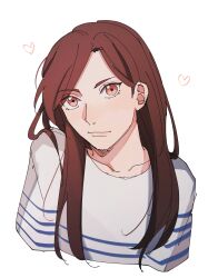 Rule 34 | 1girl, a3!, absurdres, brown hair, commentary, english commentary, heart, highres, light smile, long hair, looking at viewer, oratoza, shirt, simple background, solo, striped clothes, striped shirt, tachibana izumi (a3!), upper body, vertical-striped clothes, vertical-striped shirt, white background, white shirt