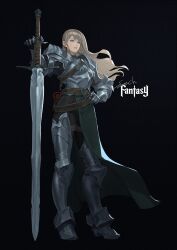 Rule 34 | 1girl, absurdres, armor, black background, blue eyes, full body, hand on own hip, highres, holding, holding sword, holding weapon, knight, light brown hair, long hair, original, solo, sonech, standing, sword, weapon