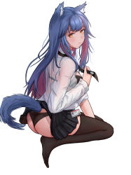 Rule 34 | 1girl, absurdres, alternate costume, animal ear fluff, animal ears, arknights, ass, black bra, black necktie, black skirt, black thighhighs, blue hair, blush, bra, bra visible through clothes, breasts, brown eyes, from behind, highres, id card, laozhanshi, long hair, long sleeves, looking at viewer, looking back, medium breasts, miniskirt, multicolored hair, necktie, no shoes, pleated skirt, red hair, revision, see-through, seiza, shirt, sidelocks, simple background, sitting, skirt, solo, tail, texas (arknights), thighhighs, thighs, thong, underwear, wedgie, white background, white shirt, wolf ears, wolf tail