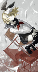 Rule 34 | 1girl, black footwear, black ribbon, black sailor collar, black skirt, black thighhighs, blonde hair, blouse, blue eyes, chair, commentary, desk, english commentary, eyes visible through hair, hair over one eye, hair ribbon, half-closed eyes, haruri, highres, kagamine rin, loafers, long sleeves, looking at viewer, lost one no goukoku (vocaloid), neckerchief, on chair, paper, parted lips, pleated skirt, red neckerchief, ribbon, sailor collar, school chair, school desk, school uniform, serafuku, shirt, shoes, sitting, skirt, solo, thighhighs, vocaloid, white shirt, wind
