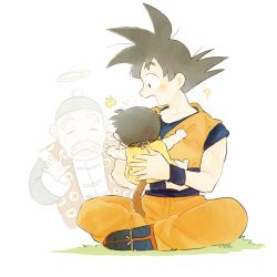 Rule 34 | +++, 3boys, ?, ankle boots, baby, black hair, blue footwear, boots, changpao, chinese clothes, closed eyes, clothes grab, collarbone, crossed legs, dougi, dragon ball, dragon ball (classic), dragonball z, facial hair, facing away, father and son, ghost, grandpa gohan, grass, green headwear, halo, hand up, hat, highres, holding, holding baby, kanagon, long sleeves, male focus, monkey tail, motion lines, multiple boys, mustache, open mouth, short sleeves, simple background, smile, son gohan, son goku, spiked hair, tail, teeth, thick eyebrows, upper teeth only, waving, white background, wrinkled skin, wristband