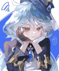 Rule 34 | 1girl, absurdres, ahoge, ascot, black ascot, black gloves, blue brooch, blue eyes, blue hair, blue hat, blue jacket, blush, closed mouth, furina (genshin impact), genshin impact, gloves, hair between eyes, hand on own cheek, hand on own face, hat, highres, jacket, light blue hair, long hair, puffy cheeks, sidelocks, simple background, sketch, solo, tdr 99 253, top hat, upper body, v-shaped eyebrows, white gloves
