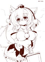 Rule 34 | 1girl, animal ears, bare shoulders, betei, breasts, detached sleeves, covered erect nipples, hat, inubashiri momiji, large breasts, miniskirt, monochrome, no bra, skirt, solo, sword, tail, tokin hat, touhou, weapon, wolf ears, wolf tail