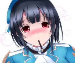 Rule 34 | 10s, 1girl, artist request, beret, black hair, blush, eyebrows, food, food in mouth, hat, highres, image sample, kantai collection, kazusa fujinomiya, looking at viewer, pocky, red eyes, short hair, solo, takao (kancolle), tareme