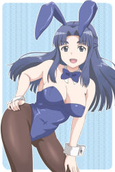 Rule 34 | 1girl, :d, animal ears, asakura ryouko, banboro (technobot), bare shoulders, blue bodysuit, blue eyes, blue hair, bodysuit, bow, bowtie, breasts, cleavage, detached collar, fake animal ears, hand on own hip, hand on own thigh, hand on thigh, large breasts, leaning, leotard, long hair, matching hair/eyes, open mouth, pantyhose, parted bangs, playboy bunny, rabbit ears, rabbit tail, smile, solo, suzumiya haruhi no yuuutsu, tail, thick eyebrows, wrist cuffs
