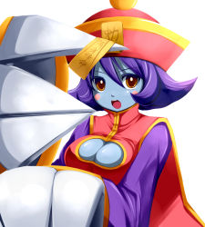 Rule 34 | 1girl, blue skin, blush stickers, breasts, brown eyes, capcom, claws, cleavage, cleavage cutout, clothing cutout, colored skin, flipped hair, hat, highres, jiangshi, kosumo, lei lei, ofuda, open mouth, purple hair, qingdai guanmao, short hair, simple background, solo, vampire (game)