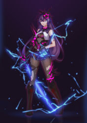 Rule 34 | 1girl, absurdres, asymmetrical gloves, black footwear, black gloves, blue skirt, boots, breasts, cleavage, closed mouth, cross-laced footwear, electricity, full body, gloves, glowing, glowing sword, glowing weapon, hair ornament, highres, holding, holding sword, holding weapon, honkai (series), honkai impact 3rd, katana, lace-up boots, leggings, long hair, looking at viewer, mask, mismatched gloves, pantyhose, purple eyes, purple hair, raiden mei, raiden mei (lightning empress), skirt, solo, standing, sword, tgdzl, torn clothes, torn pantyhose, torn skirt, weapon