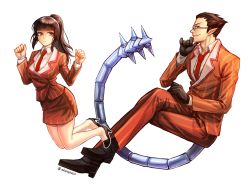 Rule 34 | 1boy, 1girl, aken, alternate costume, black eyes, black hair, clenched hands, cosplay, crossed legs, demiurge, demiurge (cosplay), forearms at chest, formal, glasses, gloves, grabbing another&#039;s chin, hand on another&#039;s chin, high heels, highres, jacket, jumping, long hair, looking at another, looking at viewer, narberal gamma, necktie, no socks, overlord (maruyama), pencil skirt, pointy ears, profile, red eyes, round eyewear, side slit, sitting, skirt, skirt suit, striped, suit, tail, vertical stripes, white background