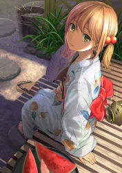 Rule 34 | 1girl, :3, arm at side, arm support, blonde hair, blush, bucket, chinese lantern (plant), clog sandals, closed mouth, commentary request, fence, fireworks, floral print, flower, food, from above, fruit, full body, geta, grass, hair bobbles, hair ornament, hand fan, holding, holding fan, japanese clothes, kayari buta, kimono, long hair, long sleeves, looking at viewer, looking up, morning glory, morning glory print, nail polish, obi, original, outdoors, paper fan, pink lips, pink nails, platform footwear, porch, revision, sandals, sash, senkou hanabi, shade, shoes, side ponytail, single shoe, sitting, smile, smoke, solo, sparkler, stone, summer, tray, uchiwa, unworn shoes, veranda, watermelon, wide sleeves, yellow eyes, yoropa, yukata, zouri