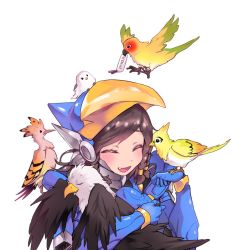 Rule 34 | 1girl, animal, animal on head, animal on shoulder, armor, artist name, bad id, bad twitter id, bird, bird on head, bird on shoulder, black hair, blush, braid, dark-skinned female, dark skin, eagle, eyebrows, closed eyes, fang, flying, full armor, ganymede (overwatch), gauntlets, hair ornament, hair tie, head-mounted display, lens flare, on head, open mouth, overwatch, overwatch 1, panza, parrot, pauldrons, pharah (overwatch), power armor, shoulder armor, side braids, simple background, smile, solo, spread wings, turtleneck, visor, white background, wings