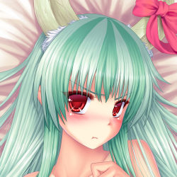 Rule 34 | 1girl, bare shoulders, blush, ex-keine, female focus, green hair, horn ornament, horn ribbon, horns, kamishirasawa keine, long hair, looking at viewer, portrait, pout, red eyes, ribbon, solo, tama (new island), tamachan (pixiv), touhou