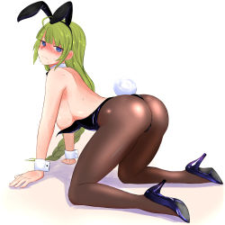 Rule 34 | 1girl, all fours, animal ears, ass, back, bad id, bad pixiv id, bare shoulders, black leotard, blue eyes, blue footwear, bow, bowtie, breasts, brown pantyhose, covered navel, detached collar, embarrassed, fake animal ears, from behind, full body, green hair, high heels, highres, kantai collection, leotard, long hair, looking at viewer, looking back, medium breasts, mole, pantyhose, playboy bunny, rabbit ears, rabbit tail, shadow, simple background, strapless, strapless leotard, sweat, tail, tomatojiusu, very long hair, white background, wrist cuffs, yuugumo (kancolle)