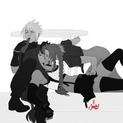 Rule 34 | 1boy, 2girls, aerith gainsborough, bottle, braid, cloud strife, cropped jacket, drinking, final fantasy, final fantasy vii, final fantasy vii remake, greyscale, highres, jen bartel, kiss, long hair, low-tied long hair, miniskirt, monochrome, multiple girls, photo-referenced, sitting, sitting on lap, sitting on person, skirt, spiked hair, suspender skirt, suspenders, thighhighs, tifa lockhart, toned, wine bottle, yuri
