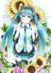 Rule 34 | 1girl, aqua eyes, aqua hair, detached sleeves, double v, female focus, flower, gradient background, grin, hatsune miku, head wreath, highres, long hair, nature, necktie, plant, retsuna, skirt, smile, solo, sunflower, thighhighs, twintails, v, very long hair, vocaloid, white background