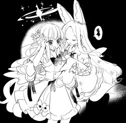 Rule 34 | 2girls, @ @, angel wings, animal ears, blue archive, capelet, closed eyes, crying, crying with eyes open, detached sleeves, dress, feathered wings, fox ears, fox tail, greyscale, halo, highres, long hair, mika (blue archive), monochrome, multiple girls, open mouth, seia (blue archive), sleeves past fingers, sleeves past wrists, smile, speech bubble, tail, tears, wings, yun (dust-i1)