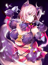 Rule 34 | 1girl, absurdres, animal ears, bad id, bad pixiv id, bare shoulders, blush, bow, breasts, claws, cleavage, elbow gloves, fate/grand order, fate (series), fur-trimmed gloves, fur-trimmed legwear, fur collar, fur trim, gloves, hair over one eye, halloween costume, haribo kanten, highres, hip focus, large breasts, light purple hair, looking at viewer, mash kyrielight, mash kyrielight (dangerous beast), navel, o-ring, official alternate costume, pink bow, pink ribbon, puckered lips, purple background, purple eyes, purple gloves, purple legwear, revealing clothes, ribbon, short hair, solo, tail, wolf ears, wolf tail