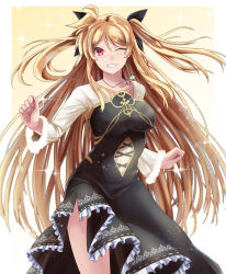Rule 34 | 1girl, black bow, black dress, blonde hair, border, bow, breasts, collarbone, dress, fate testarossa, floating hair, fur-trimmed sleeves, fur trim, grin, hair bow, highres, jewelry, large breasts, long hair, long sleeves, looking at viewer, lyrical nanoha, mahou shoujo lyrical nanoha strikers, one eye closed, pendant, red eyes, side slit, smile, solo, sougetsu izuki, sparkle, standing, twintails, very long hair, white border, white sleeves, yellow background